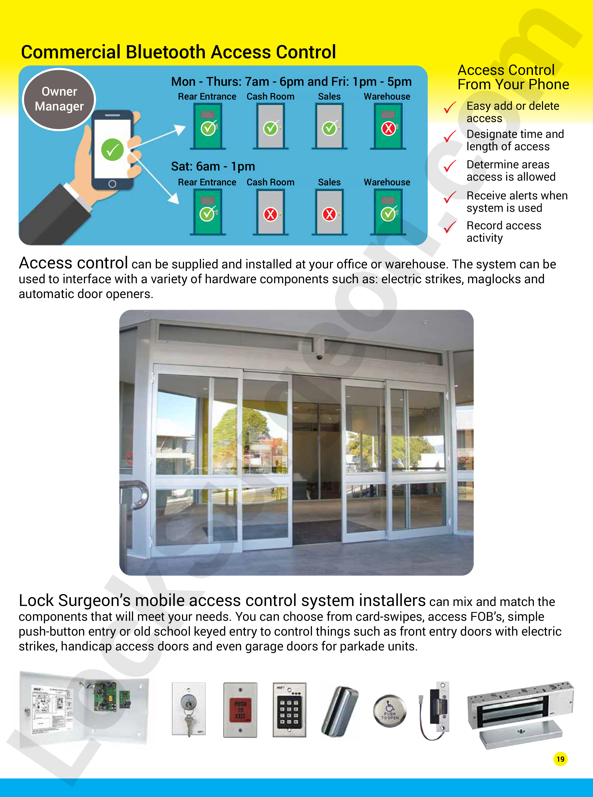 Commercial bluetooth access control supplied and installed at your office or warehouse by Lock Surgeon or Door Surgeon technicians.